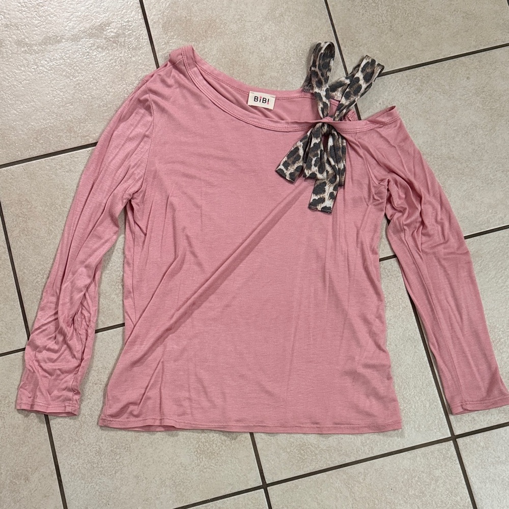 BiBi Pink Long Sleeve Top with Leopard Bow